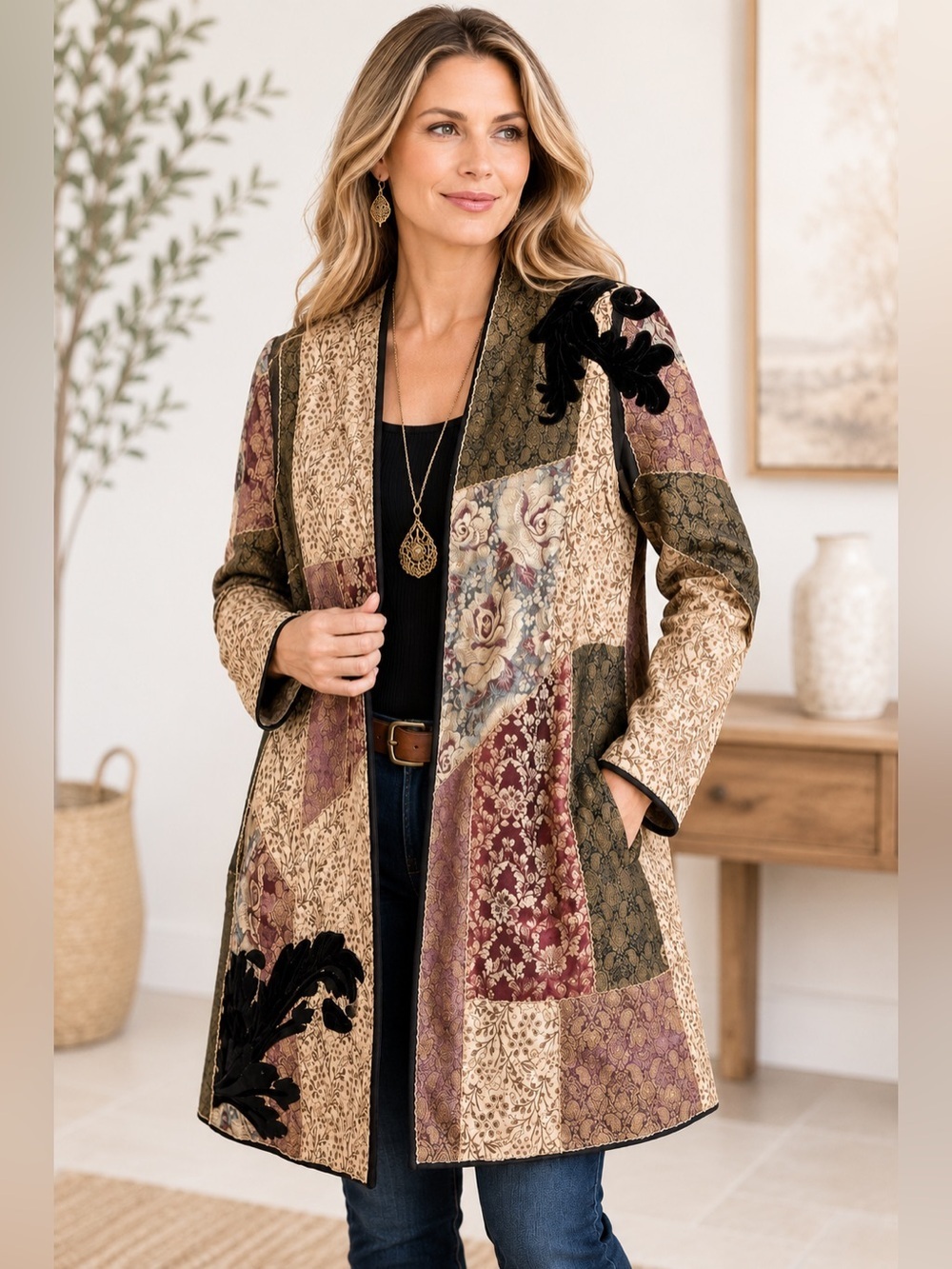 Soft Surroundings Paisley Embroidered Patchwork Open Front Jacket PS Tapestry